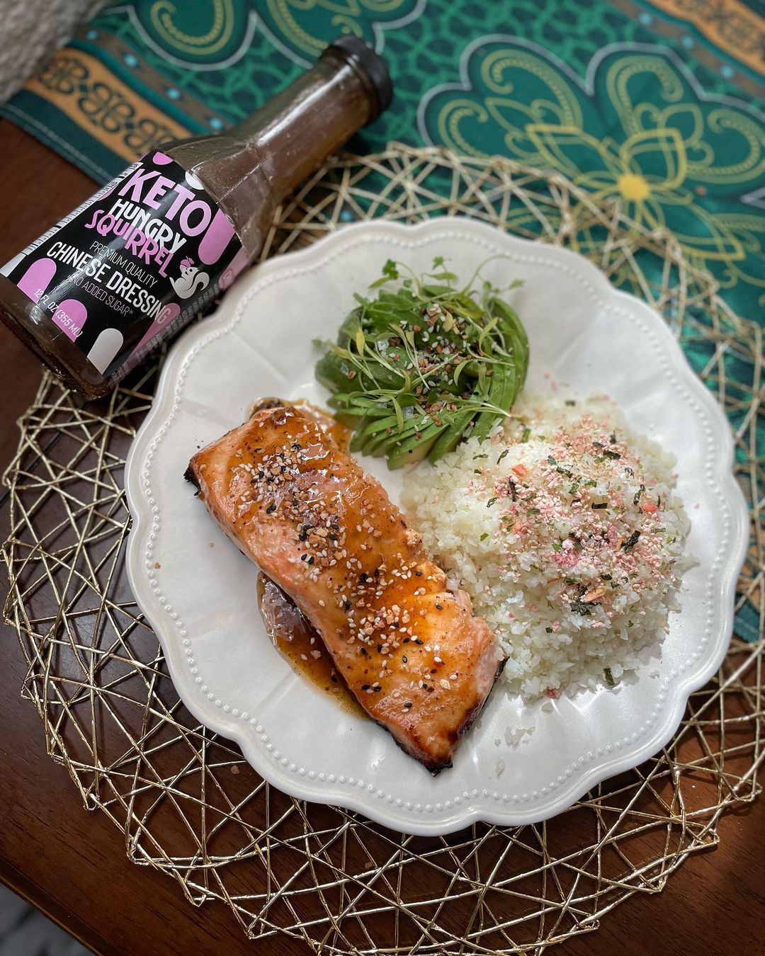 A Plate of grilled salmon, rice, avocado. With Hungry Squirrel Chinese Dressing. - From Instagram follower @keto.risa