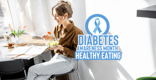 Diabetes awareness month healthy eating - woman sitting at a table by her window eating a salad