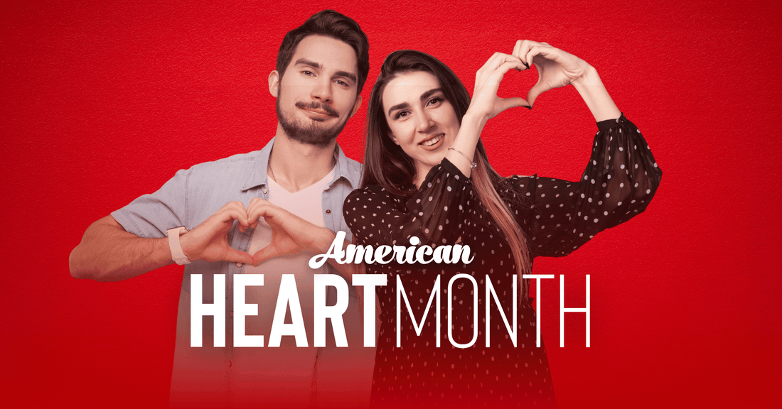 Couple make heart share with their hand. Text: American Heart Month