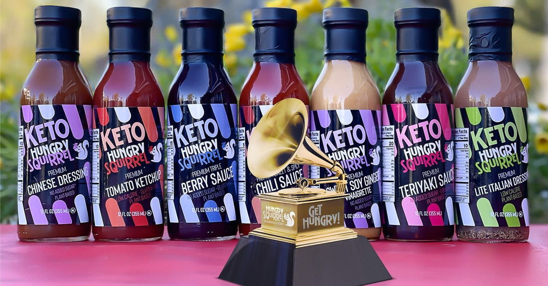 Hungry Squirrel Sauces & Grammy Award Trophy with Hungry Squirrel's logo. text: Get Hungry!