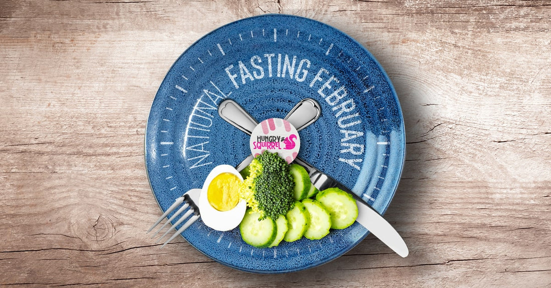 Blue plater, with cucumbers, brocollis and egg. Text: National Fasting February