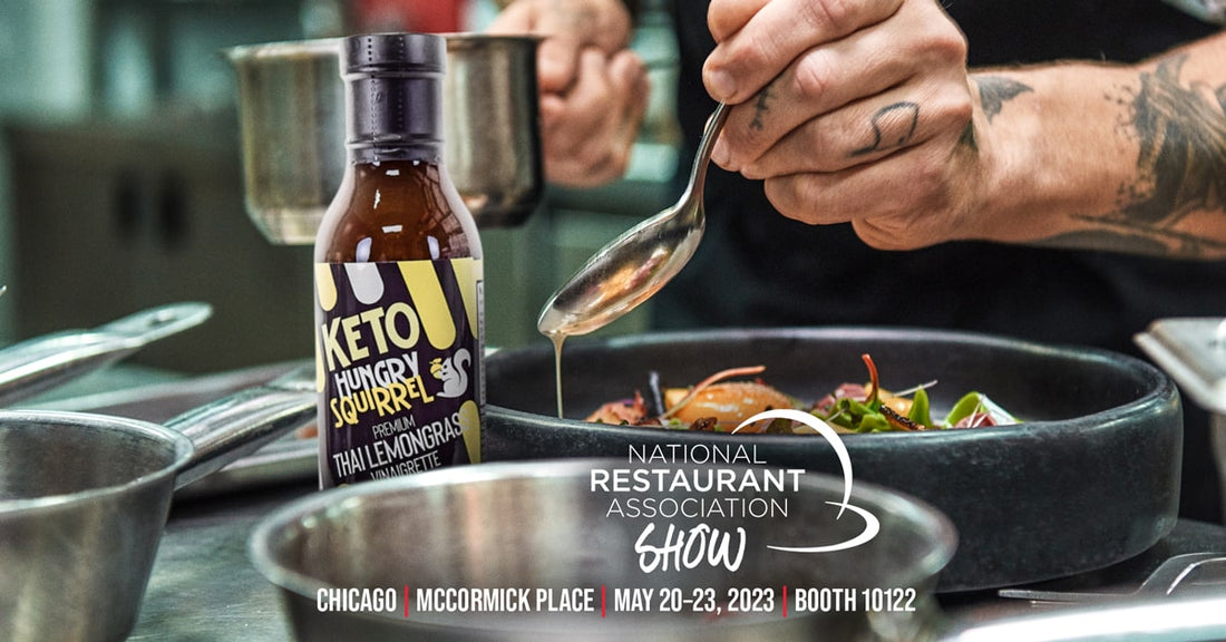 Chef doing sauce plating. Hungry Squirrel sauce bottle. Text: National Restaurant Association Show. Chicago, McCormick Place, May 20-23, 2023, Booth 10122