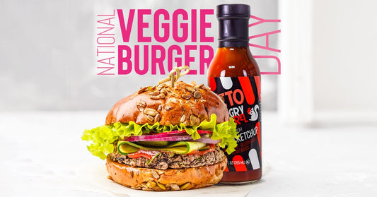 Image of vegie burger and Hungry Squirrel Sauce. Text" National Veggie Burger Day