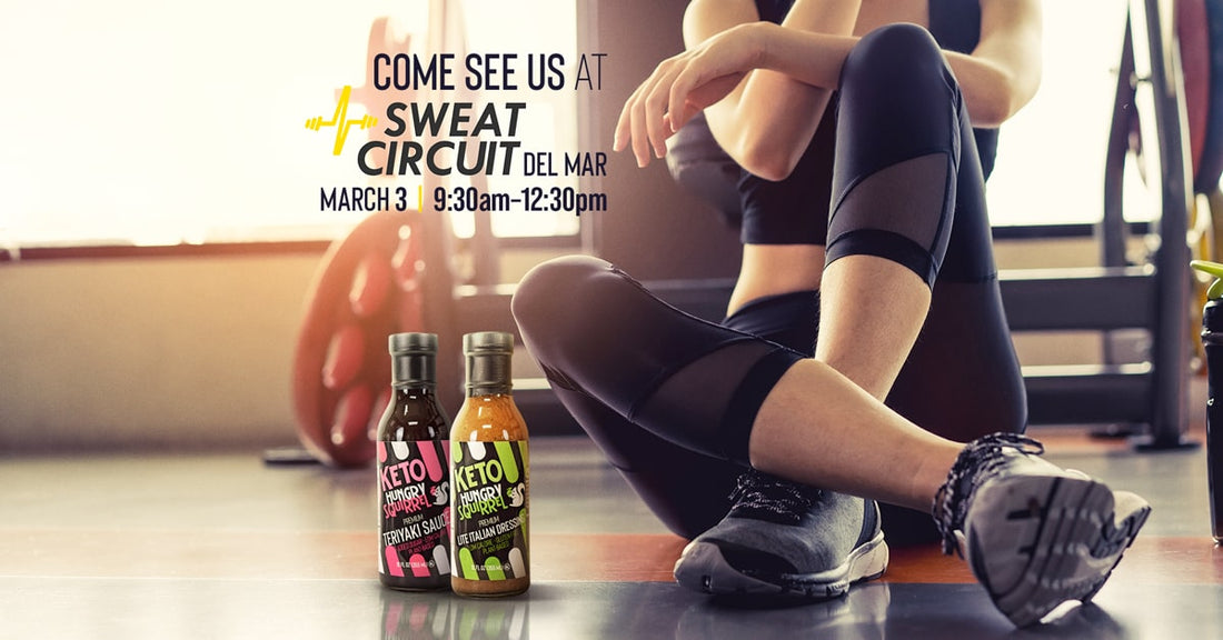 Lady stretching inside a studio, next to her 2 Hungry Squirrel Bottles. Text on the top say "Come see us at sweat circuit Del Mar, March 3, 9:30am-12:30pm