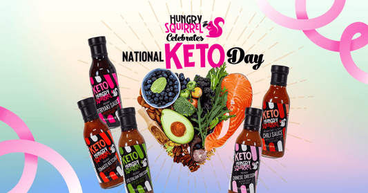 heathy foods, like salmon, avocado,blueberries and nut make heart shape. Hungry squirrel sauces. Text:National Keto Day