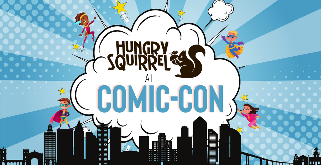 superheros cartoon, text : hungry squirrel at comic-con