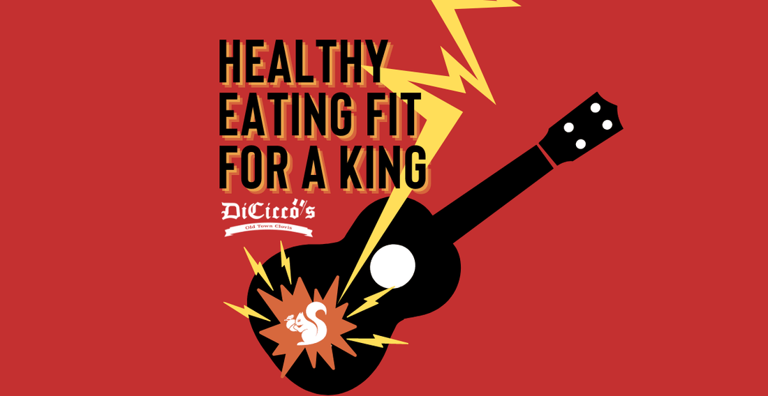 A illustration of guitar and thunder. Text: Healthy Eating Fit for a King