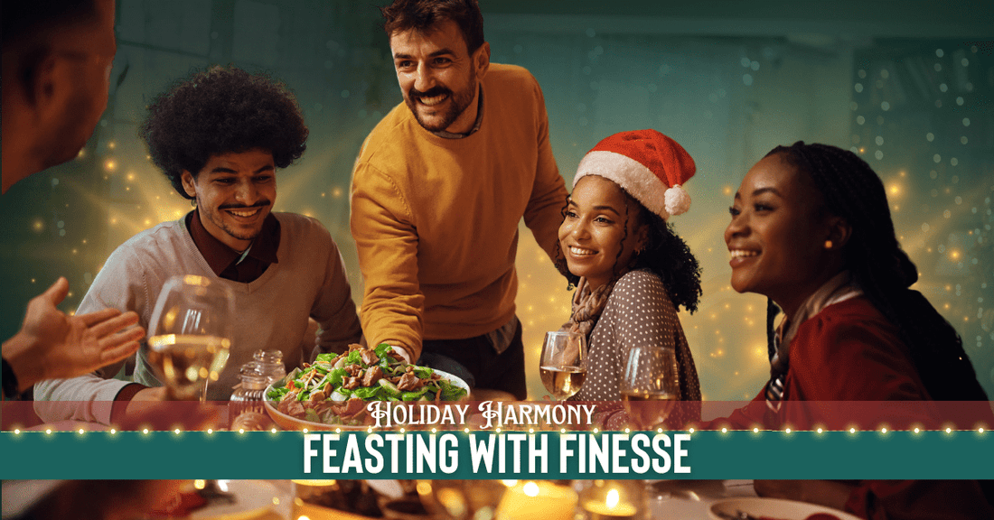 Holiday dinner with five people, men in yellow sweaters holding a salad, a girl in a Santa hat. Text: 'Holiday Harmony: Feasting with Finesse.