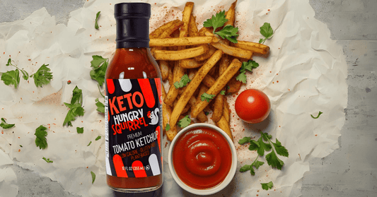 Air fryer jicama fries placed next to Hungry Squirrel Keto Tomato Ketchup