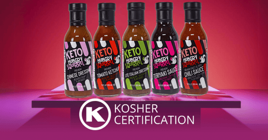 Hungry Squirrel line of sauces being showcased with the OK Kosher certification sign in front