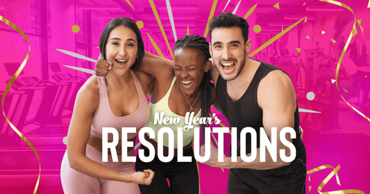 2 women and a man in working out clothes doing group hug. Text:New Year's Resolutions