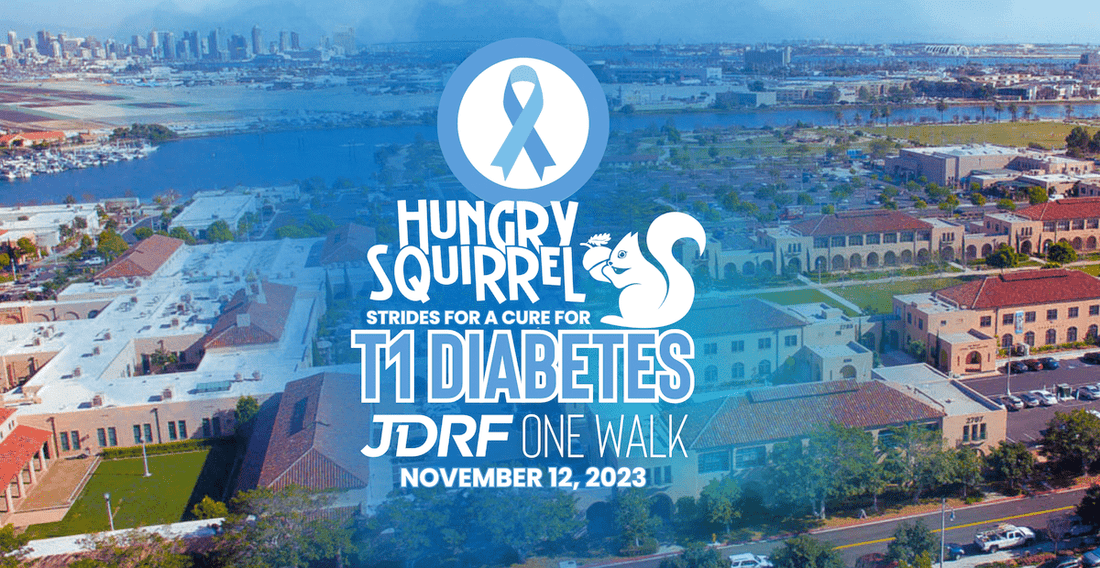 Hungry Squirrel strides for a cure for T1 diabetes - JDRF One Walk Nov 12 - blue ribbon on a view of the city