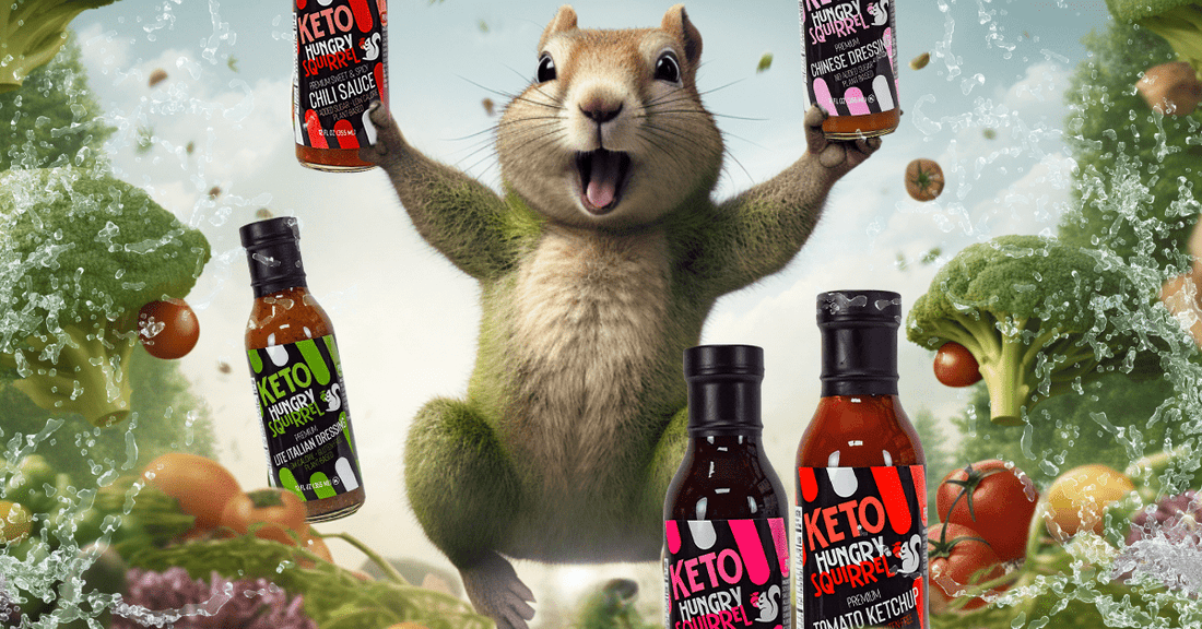 Giant hungry squirrel running through a vegetable forest holding hungry squirrel sauces