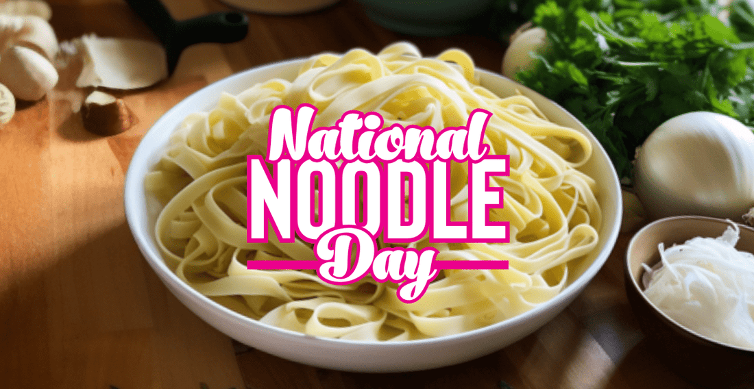 National Noodle day - bowl of noodles and ingredients in the background