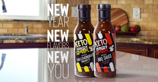 2 Hungry Squirrel sauces, Thai Lemongrass Vinaigrette and BBQ Sauce. Text: New Year New Flavors New You