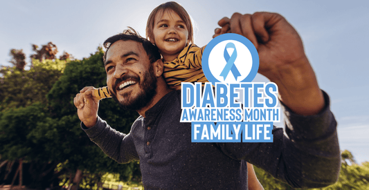 Diabetes awareness month family life - dad carrying child on their back smiling in a park