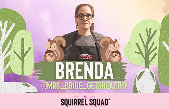 Picture of brenda with squirrels. Text: Brenda @mrs_bride_getshealthy