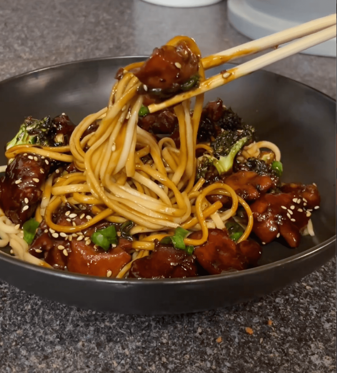 A bowl of Teriyaki Chicken noodle with Chopstick. - From Instagram follower:  @_cookwithmimi