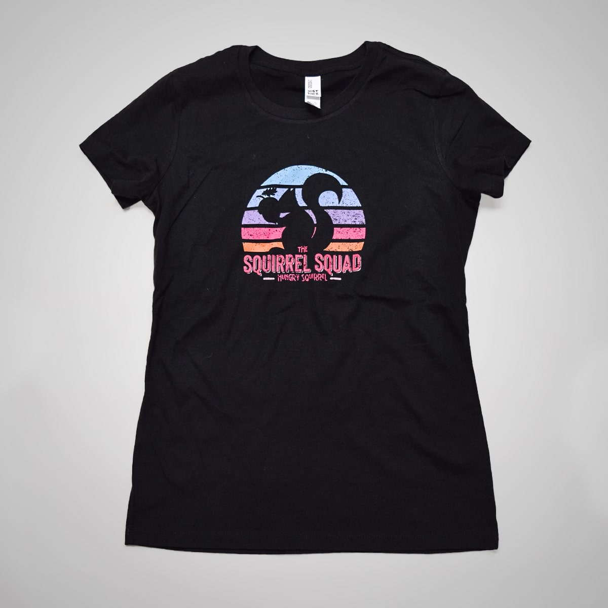 Women's Style T-Shirt in Black with Squirrel Squad theme logo 