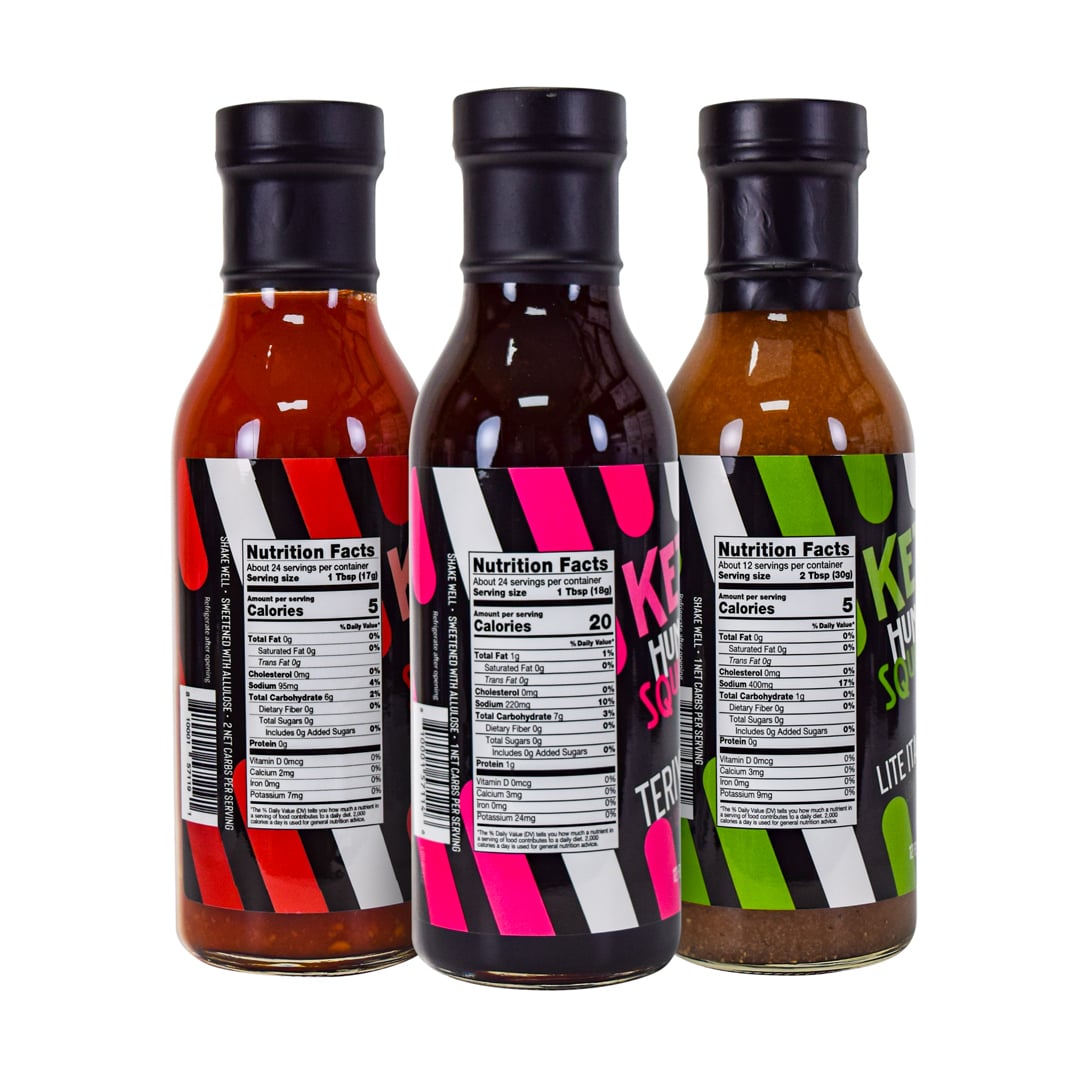 Best Seller Bundle Including Lite Italian Dressing, Chili and Teriyaki Sauce Products on white background - Back of Bottles - for nutritional info please read individual product description