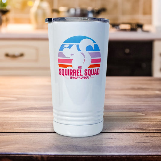 White Travel Mug with Squirrel Squad Logo