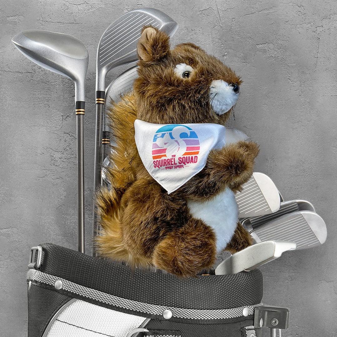 Sammy the Squirrel Golf Head Cover flurry teddy bear style with The Squirrel Squad bandana with logo